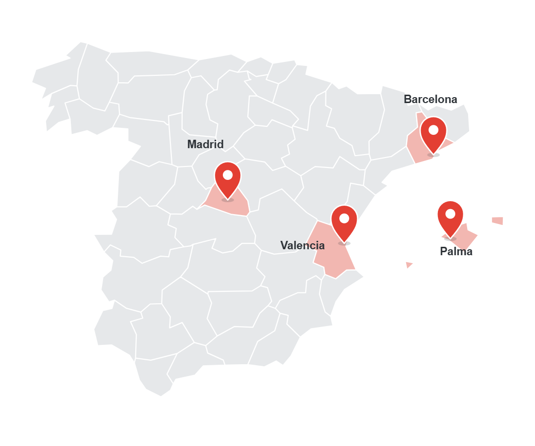Mapa de España con las sedes de AFTRANS Internacional en Barcelona, Valencia, Madrid y Palma de Mallorca